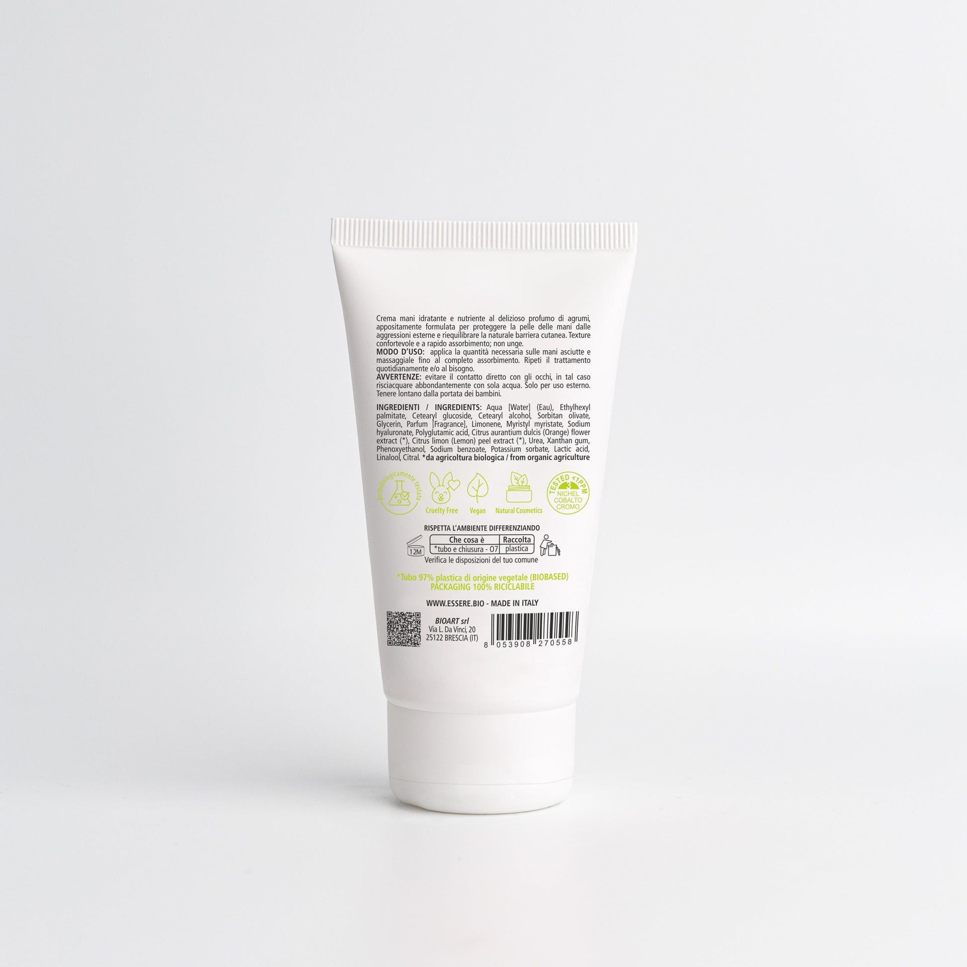 Retro della Crema Mani Agrumi Essere Bio 75 ml con INCI e ingredienti di origine naturale, linea Be Hands