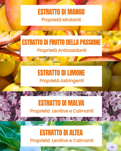 Attivi della Crema Mani Mango Essere Bio: estratti di mango, frutto della passione, limone, malva e altea lenitive