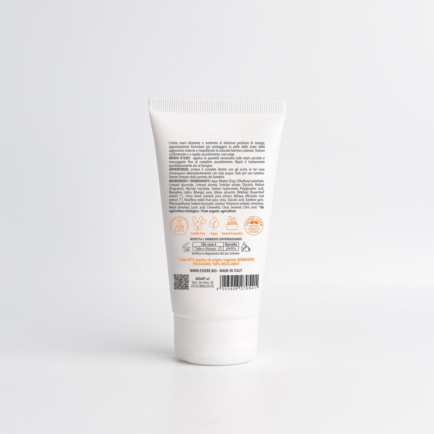 Retro della Crema Mani Mango Essere Bio 75 ml con INCI e ingredienti di origine naturale, linea Be Hands