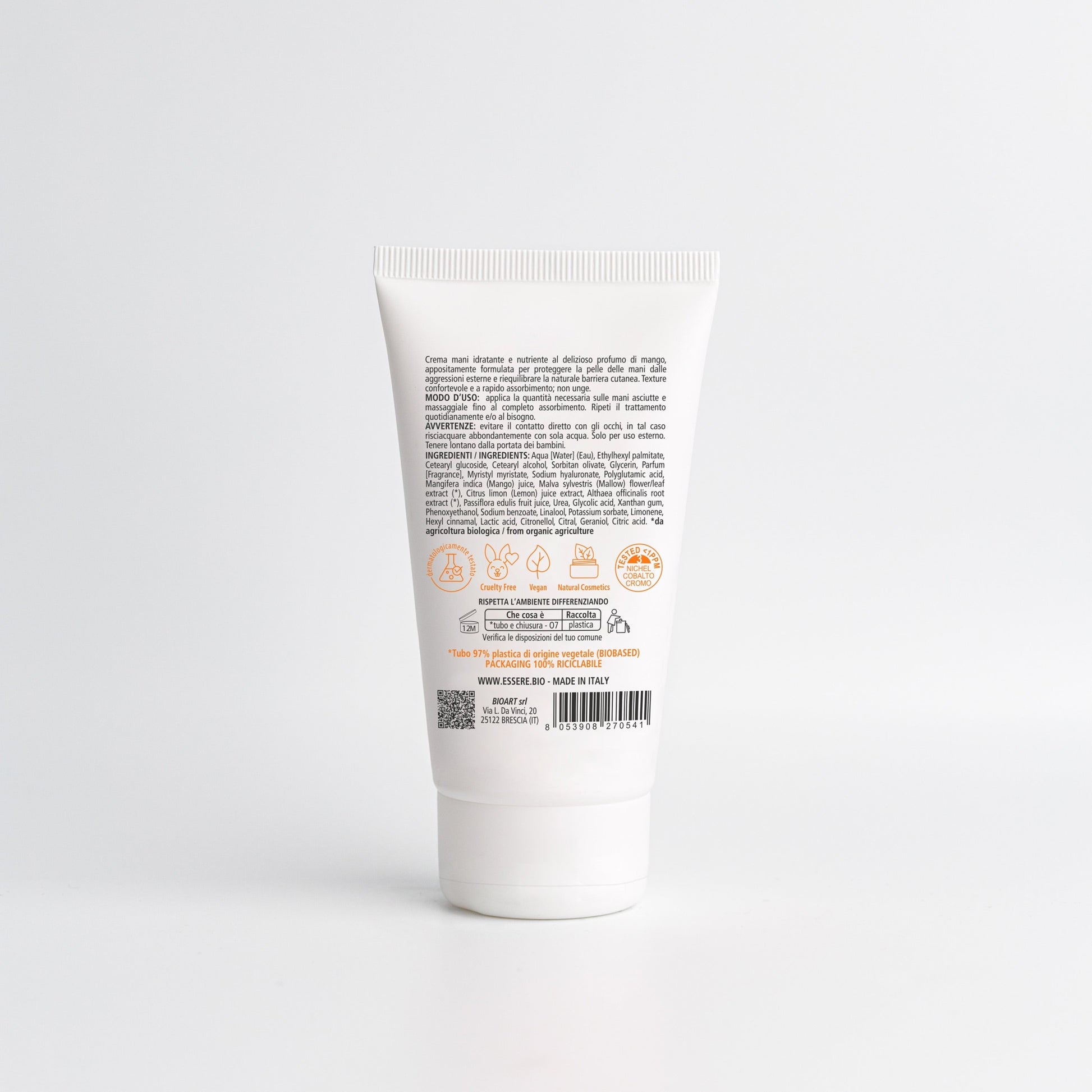 Retro della Crema Mani Mango Essere Bio 75 ml con INCI e ingredienti di origine naturale, linea Be Hands
