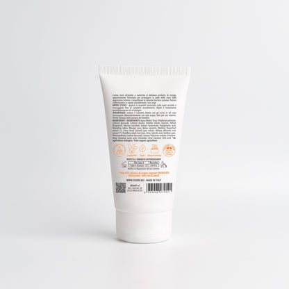 Retro della Crema Mani Mango Essere Bio 75 ml con INCI e ingredienti di origine naturale, linea Be Hands