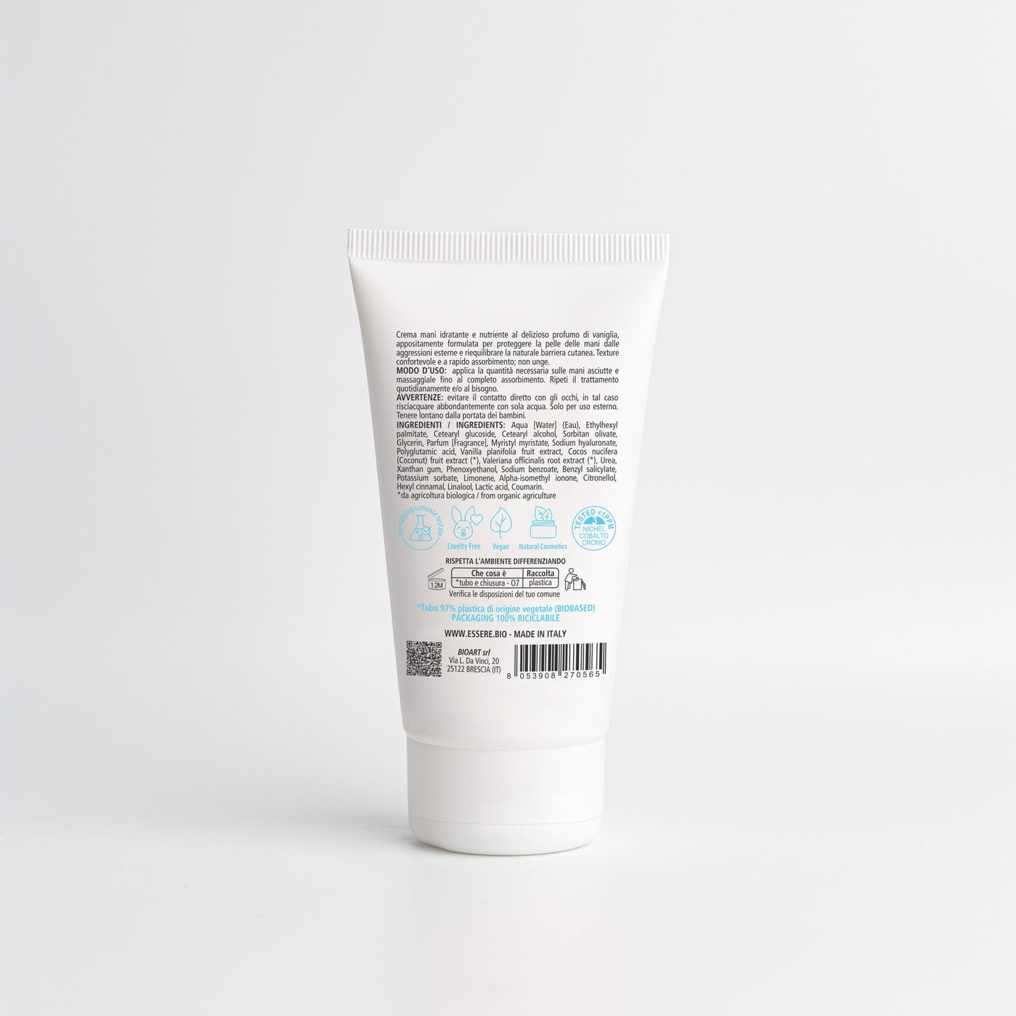 Retro della Crema Mani Vaniglia Essere Bio 75 ml con INCI e ingredienti di origine naturale, linea Be Hands