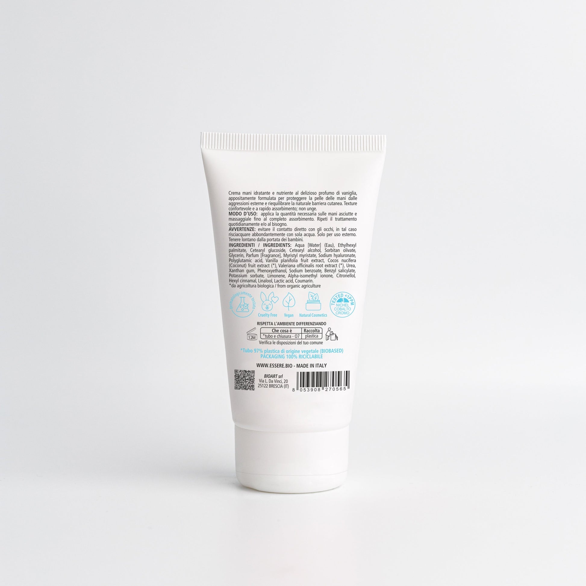 Retro della Crema Mani Vaniglia Essere Bio 75 ml con INCI e ingredienti di origine naturale, linea Be Hands