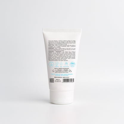 Retro della Crema Mani Vaniglia Essere Bio 75 ml con INCI e ingredienti di origine naturale, linea Be Hands