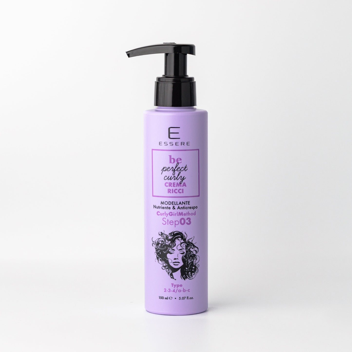 Essere Bio Crema Ricci Modellante 150 ml, flacone lilla con dosatore della linea Be Perfect Curly, fronte