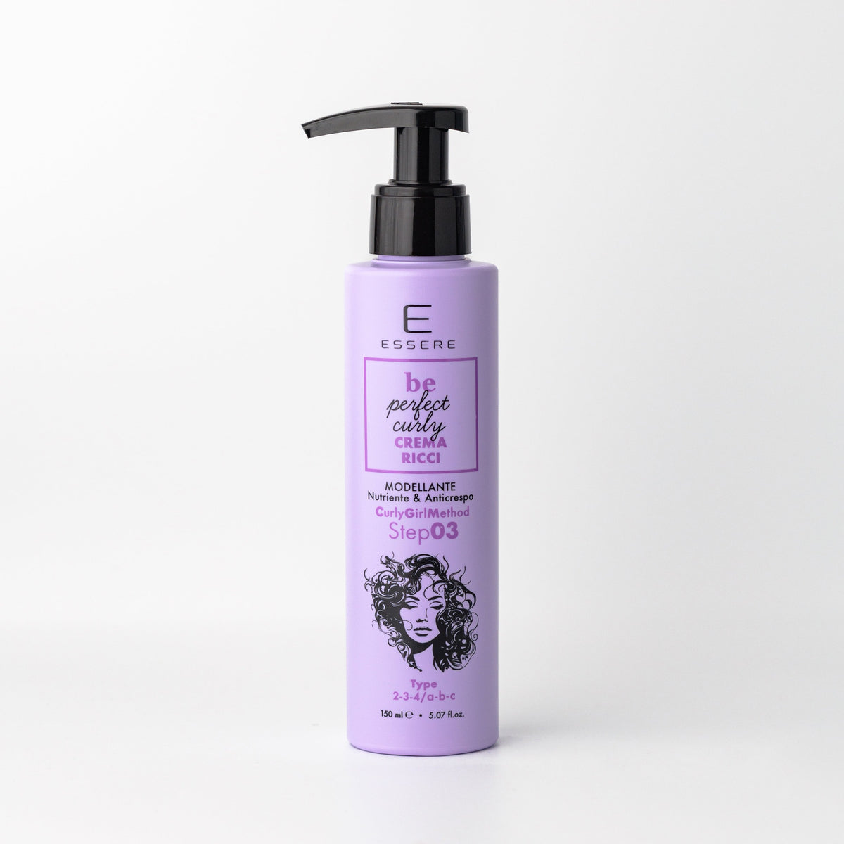 Essere Bio Curl Defining Cream 150 ml, lilac pump bottle from the Be Perfect Curly line, front view