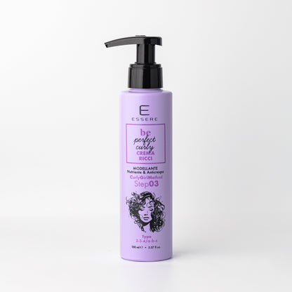 Essere Bio Crema Ricci Modellante 150 ml, flacone lilla con dosatore della linea Be Perfect Curly, fronte