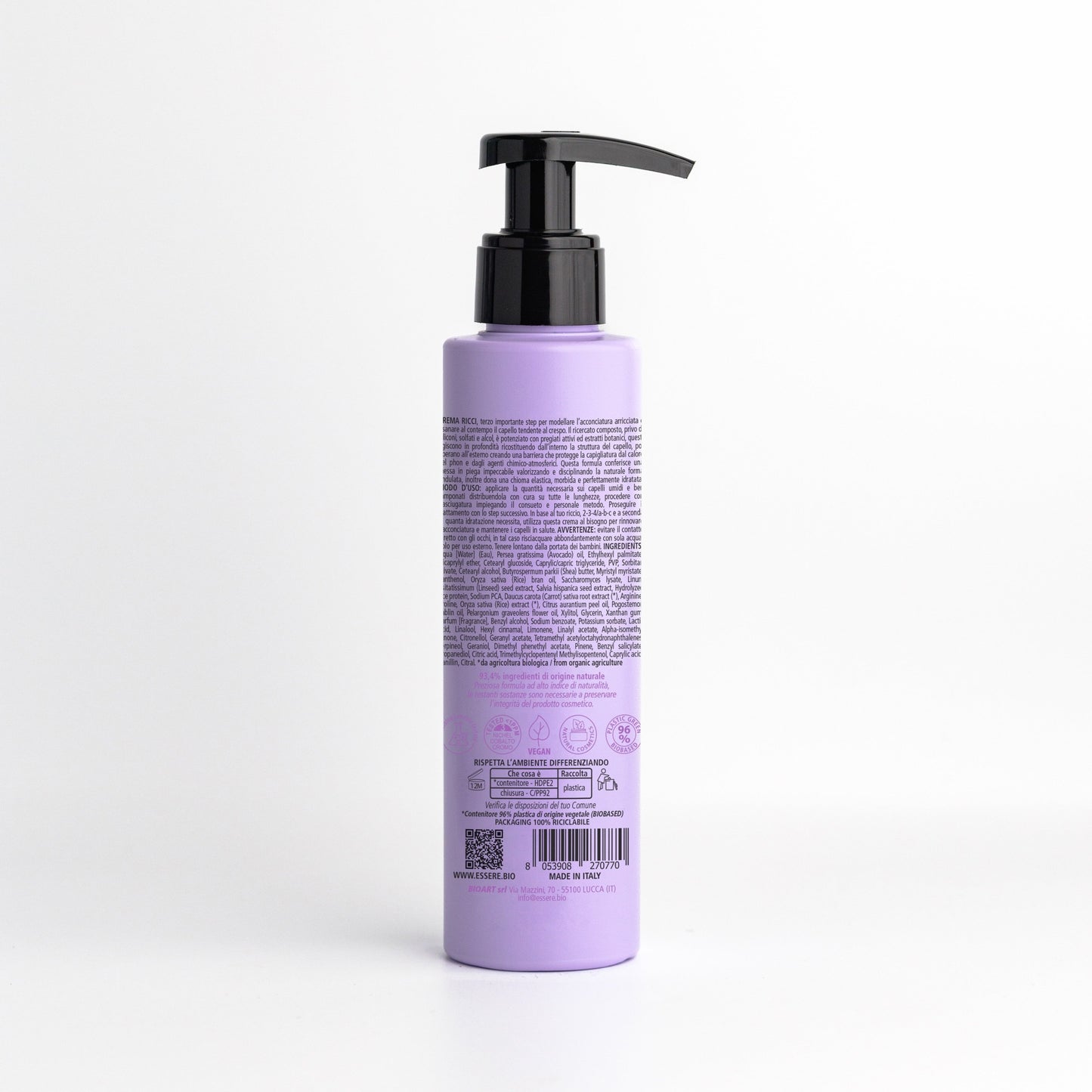 Retro della Crema Ricci Modellante Essere Bio 150 ml con INCI e ingredienti di origine naturale