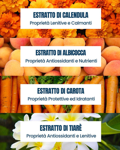 Attivi solari della linea Be Sunny Essere Bio: estratti di calendula, albicocca, carota e tiarè lenitivi