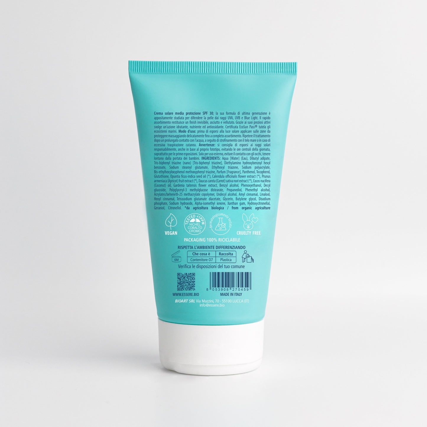 Retro della Crema Solare SPF 30 Essere Bio 150 ml con INCI, protezione UVA UVB e formula water resistant