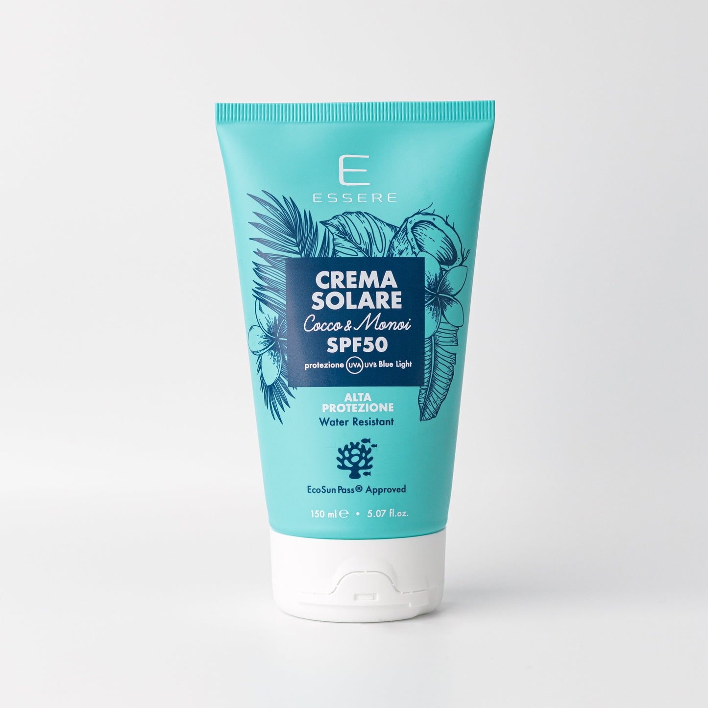 Essere Bio Crema Solare SPF 50 Cocco e Monoi 150 ml, alta protezione EcoSun Pass®, tubo Be Sunny, vista frontale