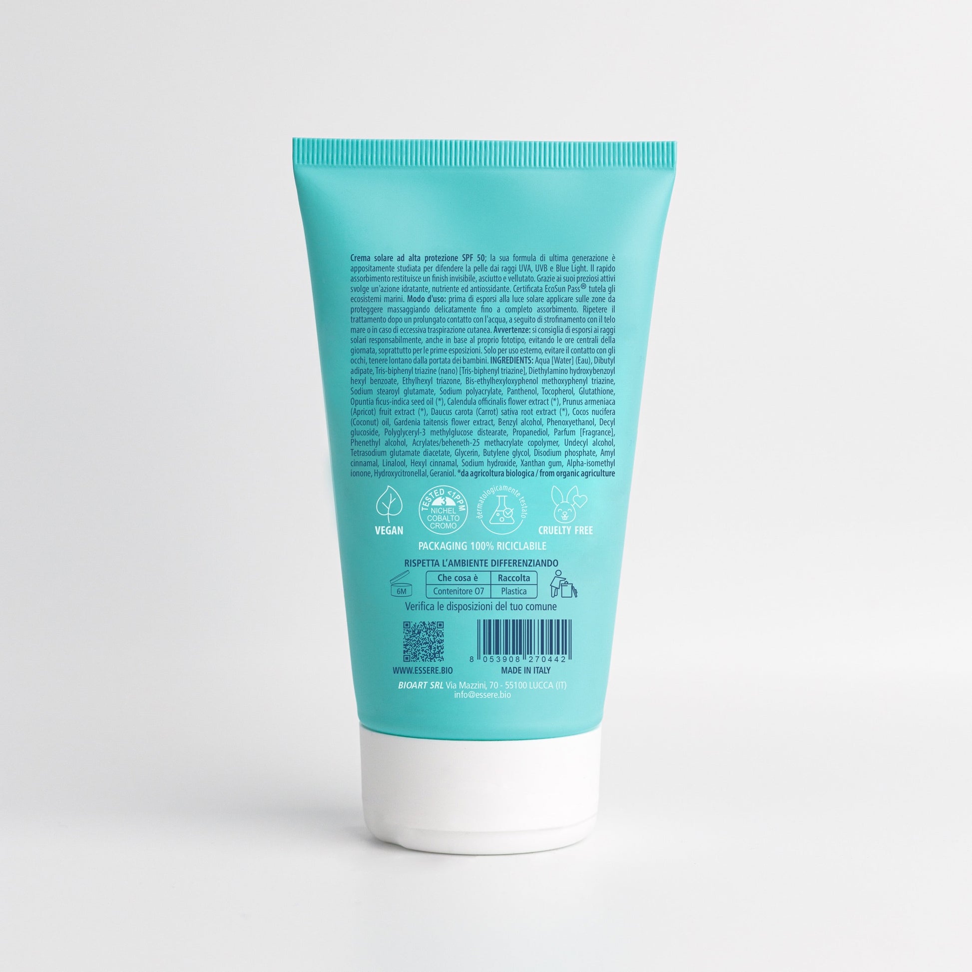 Retro della Crema Solare SPF 50 Essere Bio 150 ml con INCI e protezione dai raggi UVA UVB e Blue Light