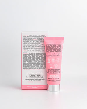 Back of the Essere Bio Defence Me 50 ml tube with INCI and SPF 30 protection from UVA, UVB and Blue Light