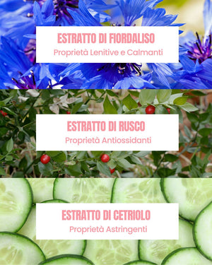 Essere Bio Deja Blue actives: soothing, anti-fatigue cornflower, butcher’s broom and cucumber extracts