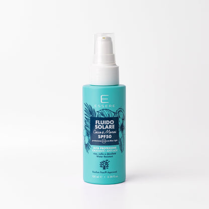 Essere Bio Fluido Solare Viso Collo e Décolleté SPF 50 Cocco e Monoi 100 ml, alta protezione EcoSun Pass®, fronte