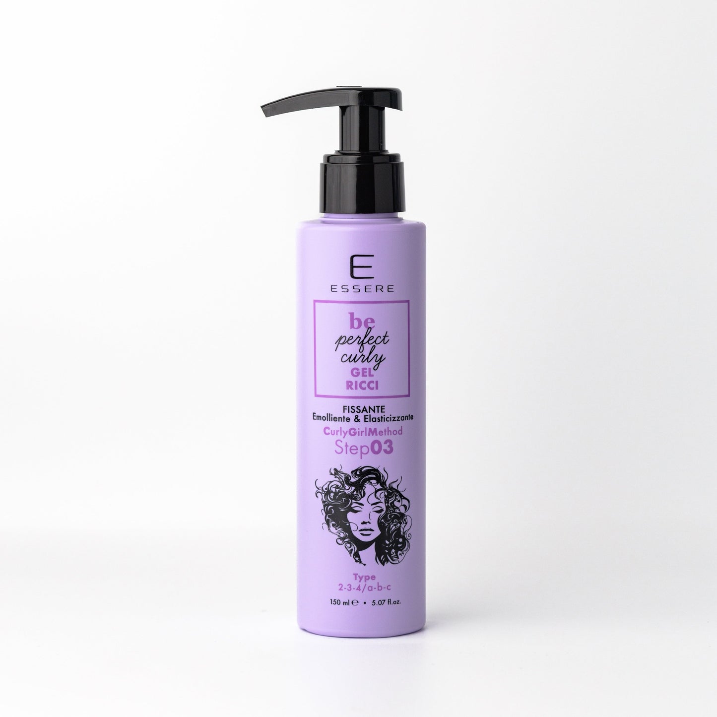 Essere Bio Gel Ricci Fissante 150 ml, flacone lilla con dosatore della linea Be Perfect Curly, fronte