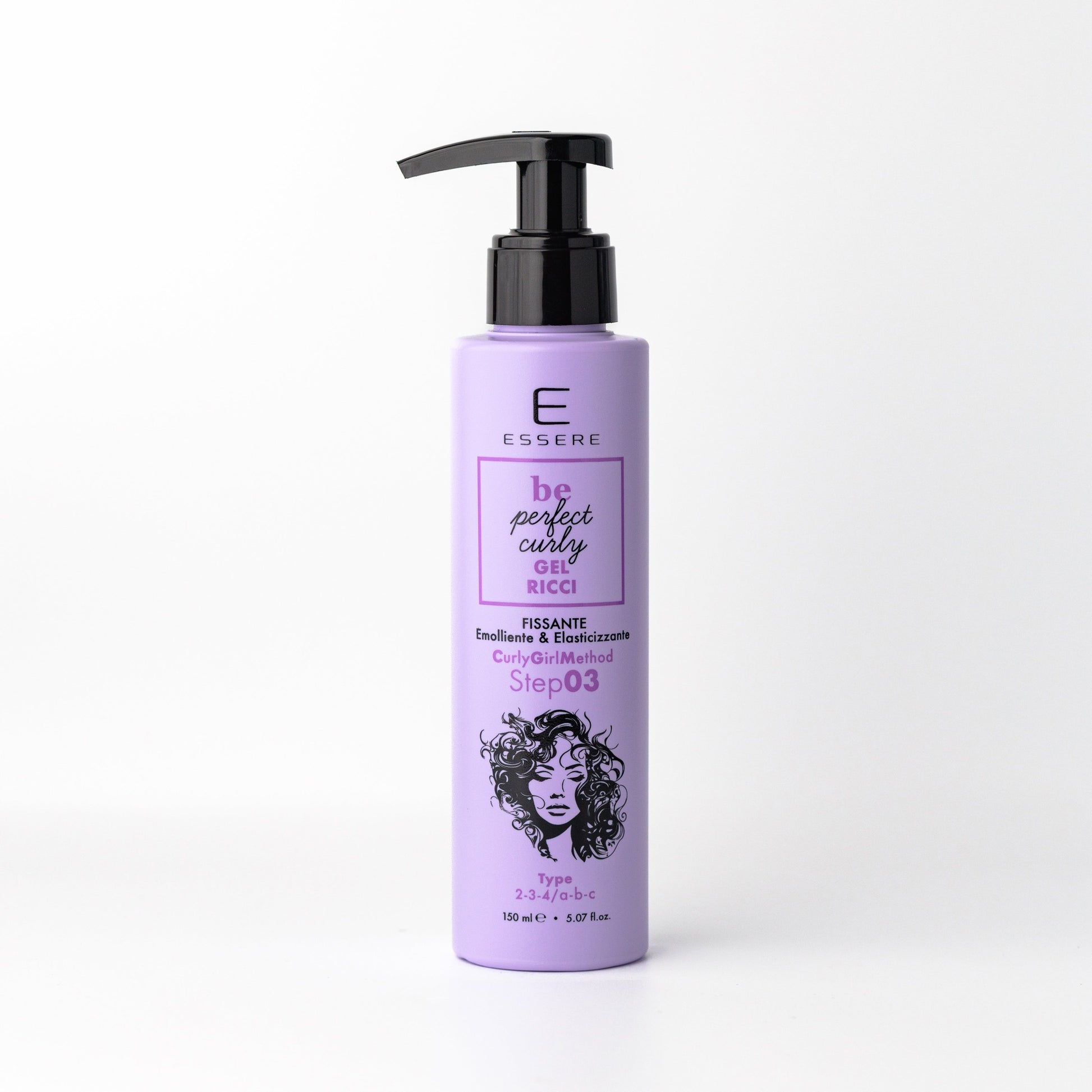 Essere Bio Gel Ricci Fissante 150 ml, flacone lilla con dosatore della linea Be Perfect Curly, fronte