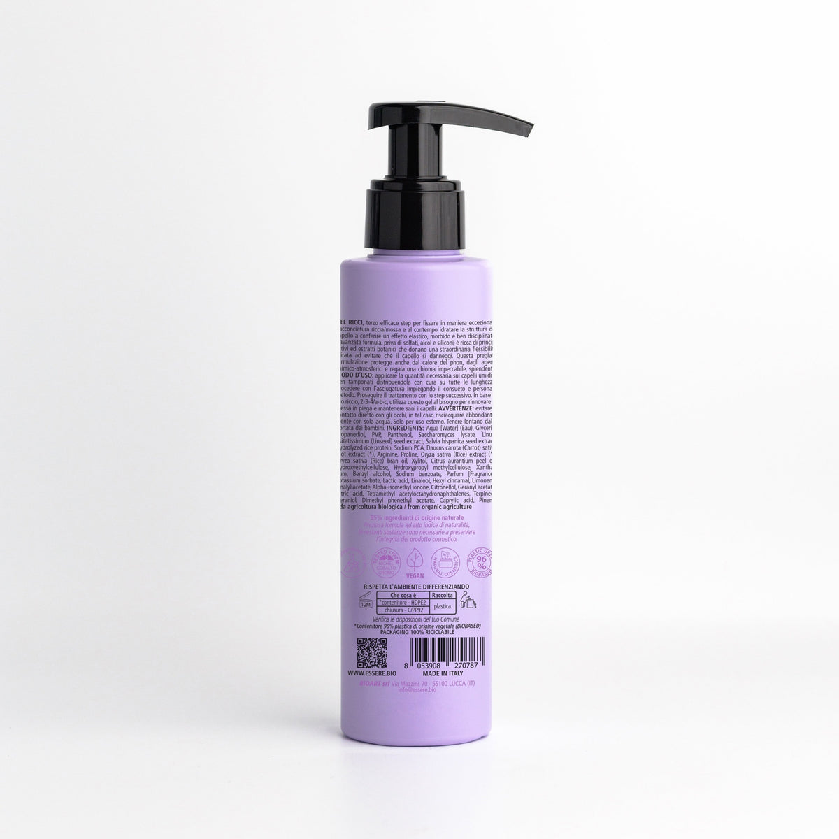 Back of the Essere Bio Curl Holding Gel 150 ml bottle with INCI and natural origin ingredients