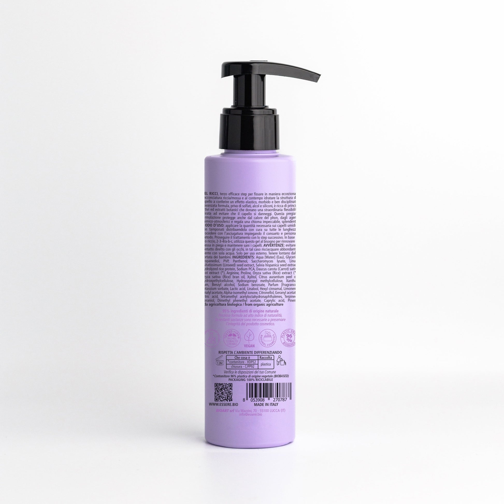 Retro del Gel Ricci Fissante Essere Bio 150 ml con INCI e ingredienti di origine naturale