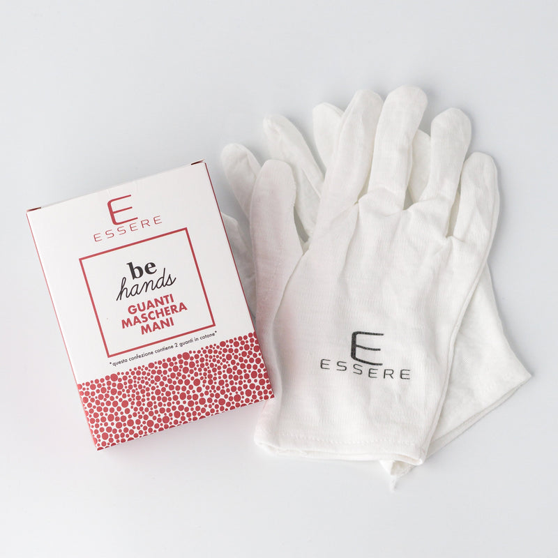 Essere Bio Guanti in Cotone Be Hands per la Maschera Mani, confezione con il paio di guanti bianchi, fronte