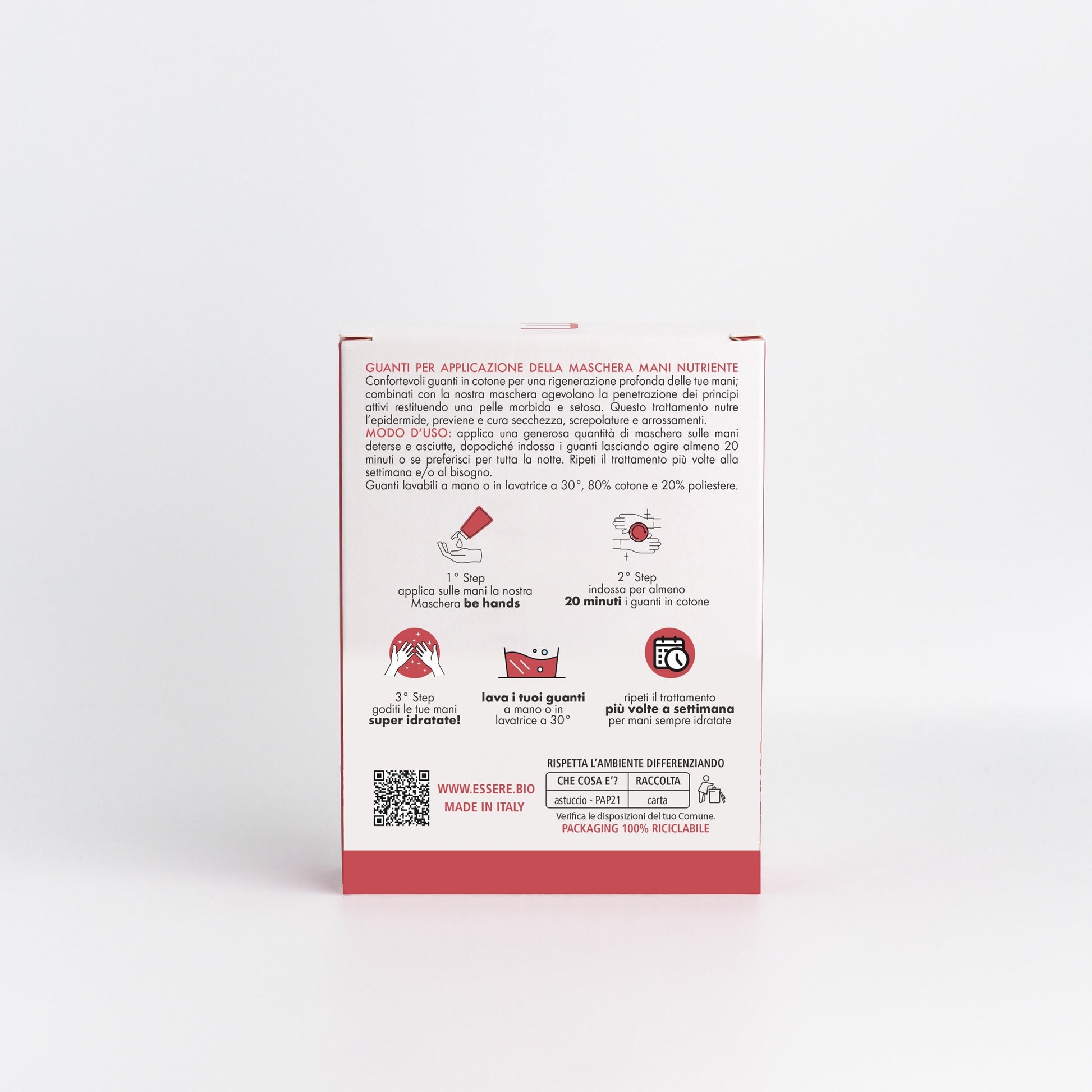 Retro della confezione dei Guanti in Cotone Essere Bio Be Hands con le istruzioni d'uso della maschera mani