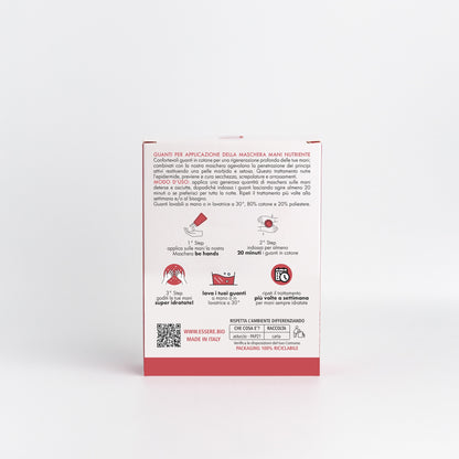 Retro della confezione dei Guanti in Cotone Essere Bio Be Hands con le istruzioni d'uso della maschera mani