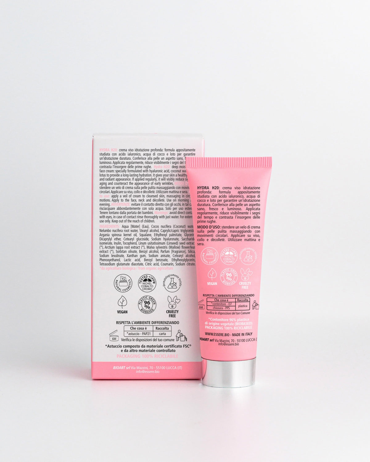 Back of the Essere Bio Hydra H2O 50 ml tube with INCI and 97.7% natural origin ingredients