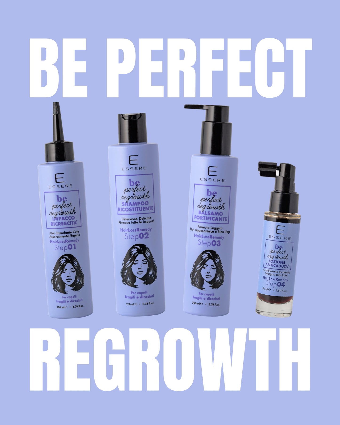 Kit Be Perfect Regrowth Essere Bio: i quattro prodotti in flacone lilla per capelli fragili e diradati