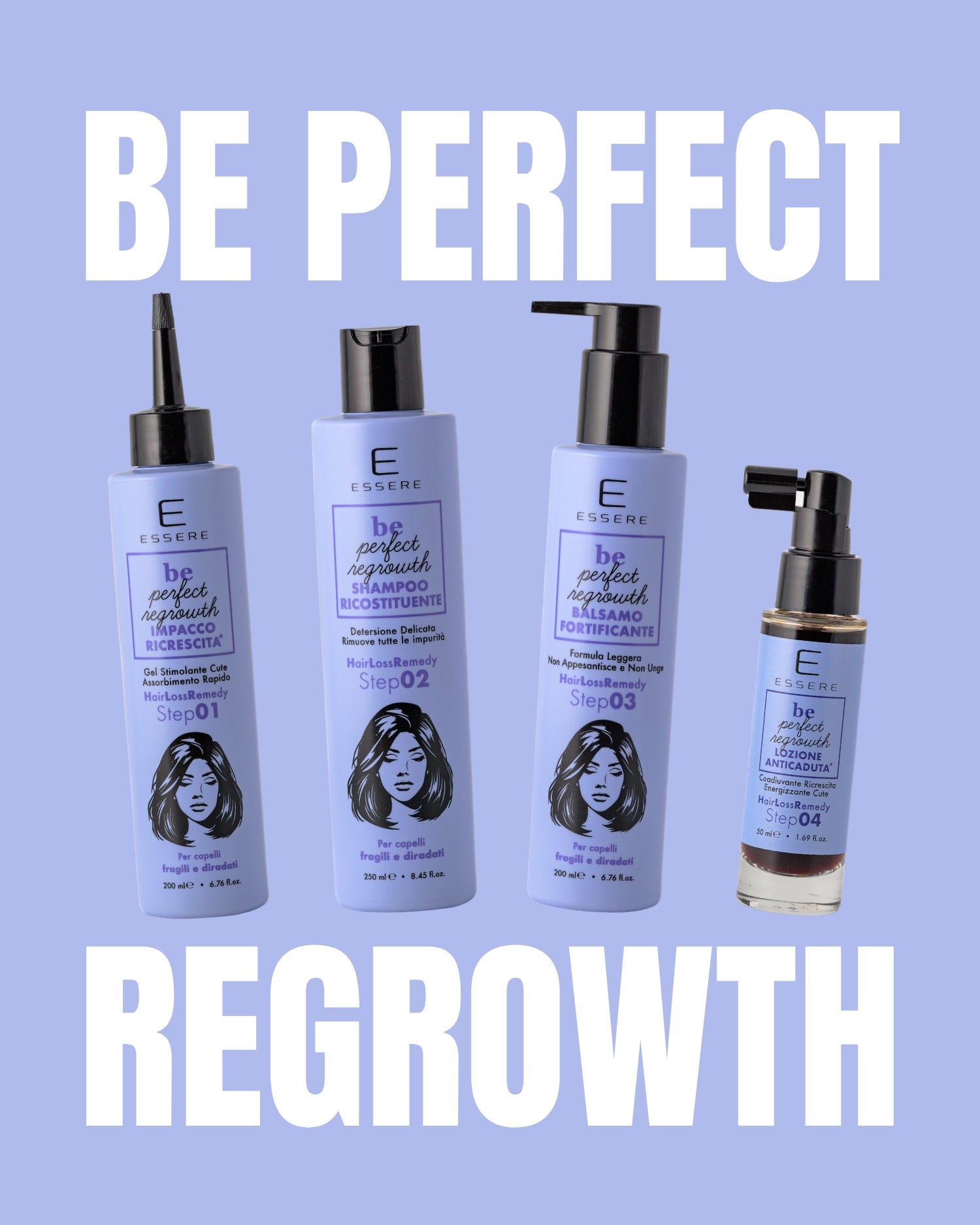 Kit Be Perfect Regrowth Essere Bio: i quattro prodotti in flacone lilla per capelli fragili e diradati