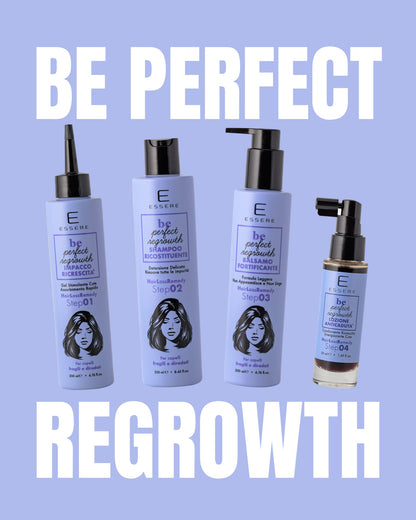 Kit Be Perfect Regrowth Essere Bio: i quattro prodotti in flacone lilla per capelli fragili e diradati
