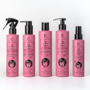 The five Essere Bio Be Perfect Repair products in a row, pink bottles, front view on a light background