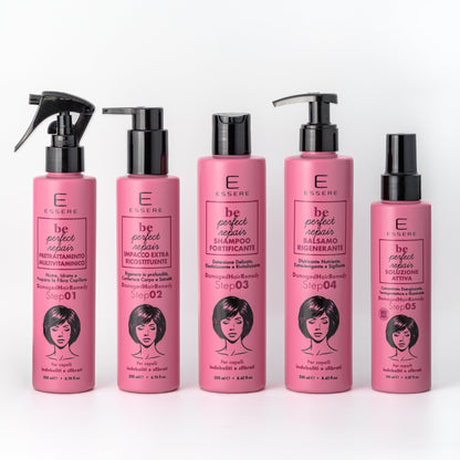 I cinque prodotti Be Perfect Repair Essere Bio in fila, flaconi rosa visti di fronte su fondo chiaro