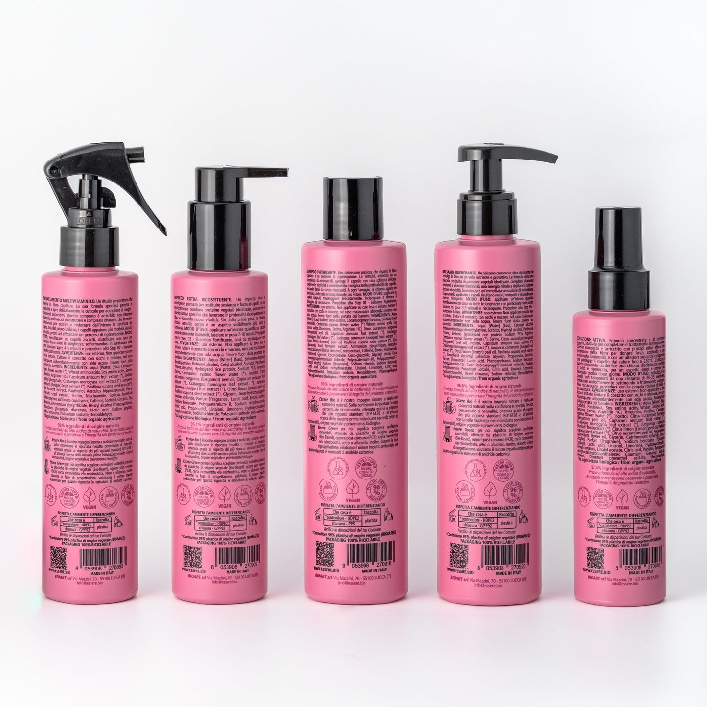 I cinque prodotti Be Perfect Repair Essere Bio visti di retro con INCI e istruzioni d'uso su fondo chiaro