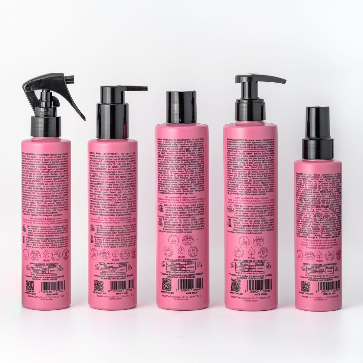 The five Essere Bio Be Perfect Repair products seen from the back with INCI and directions, on a light background