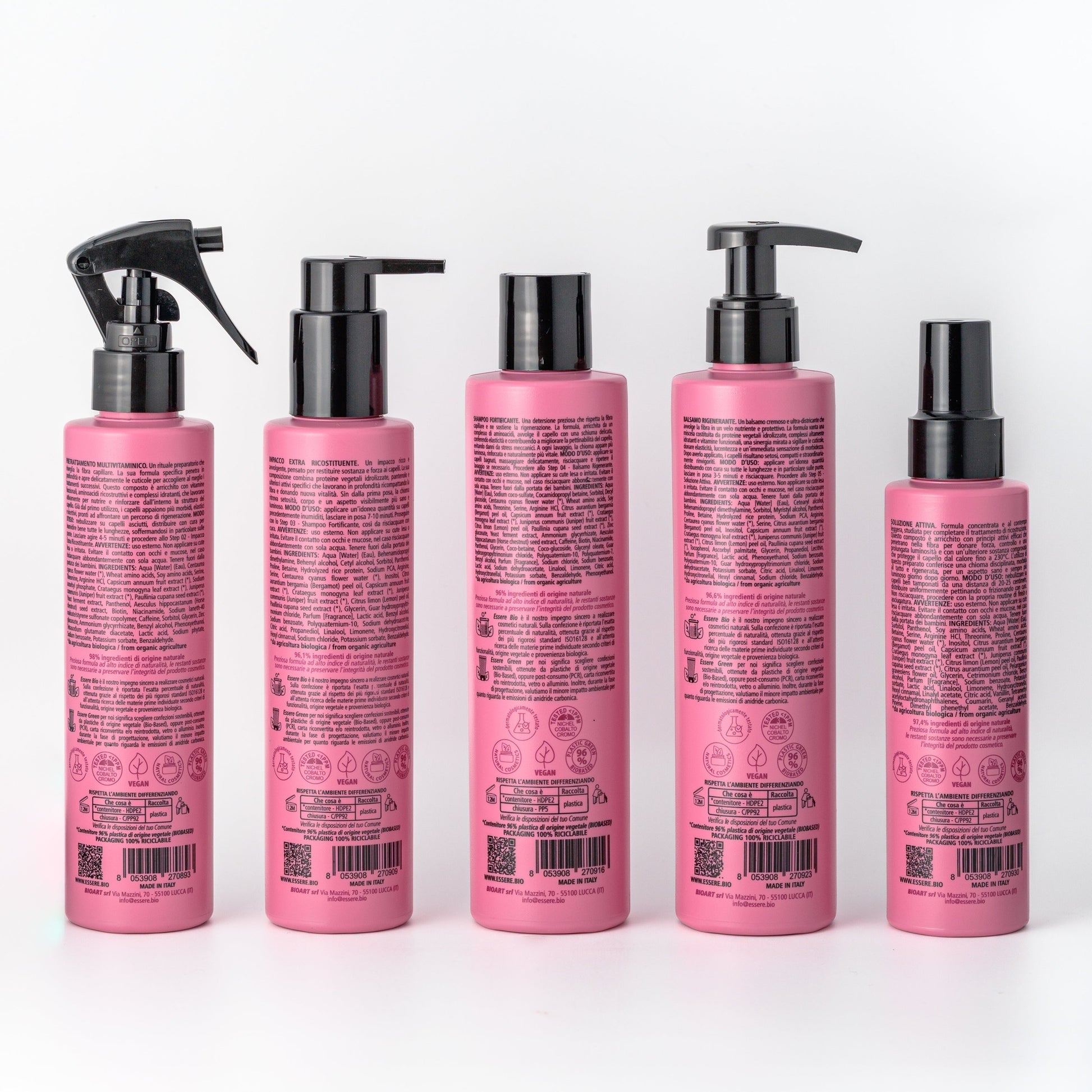 I cinque prodotti Be Perfect Repair Essere Bio visti di retro con INCI e istruzioni d'uso su fondo chiaro
