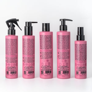 The five Essere Bio Be Perfect Repair products seen from the back with INCI and directions, on a light background