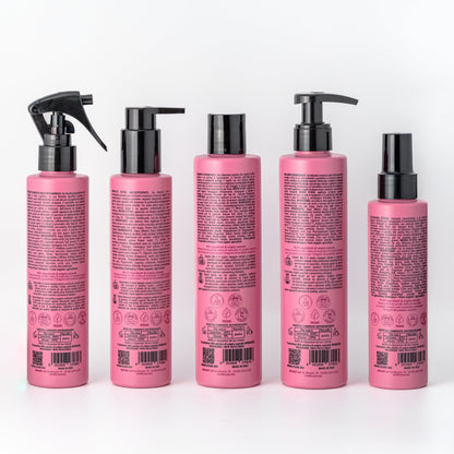 I cinque prodotti Be Perfect Repair Essere Bio visti di retro con INCI e istruzioni d'uso su fondo chiaro