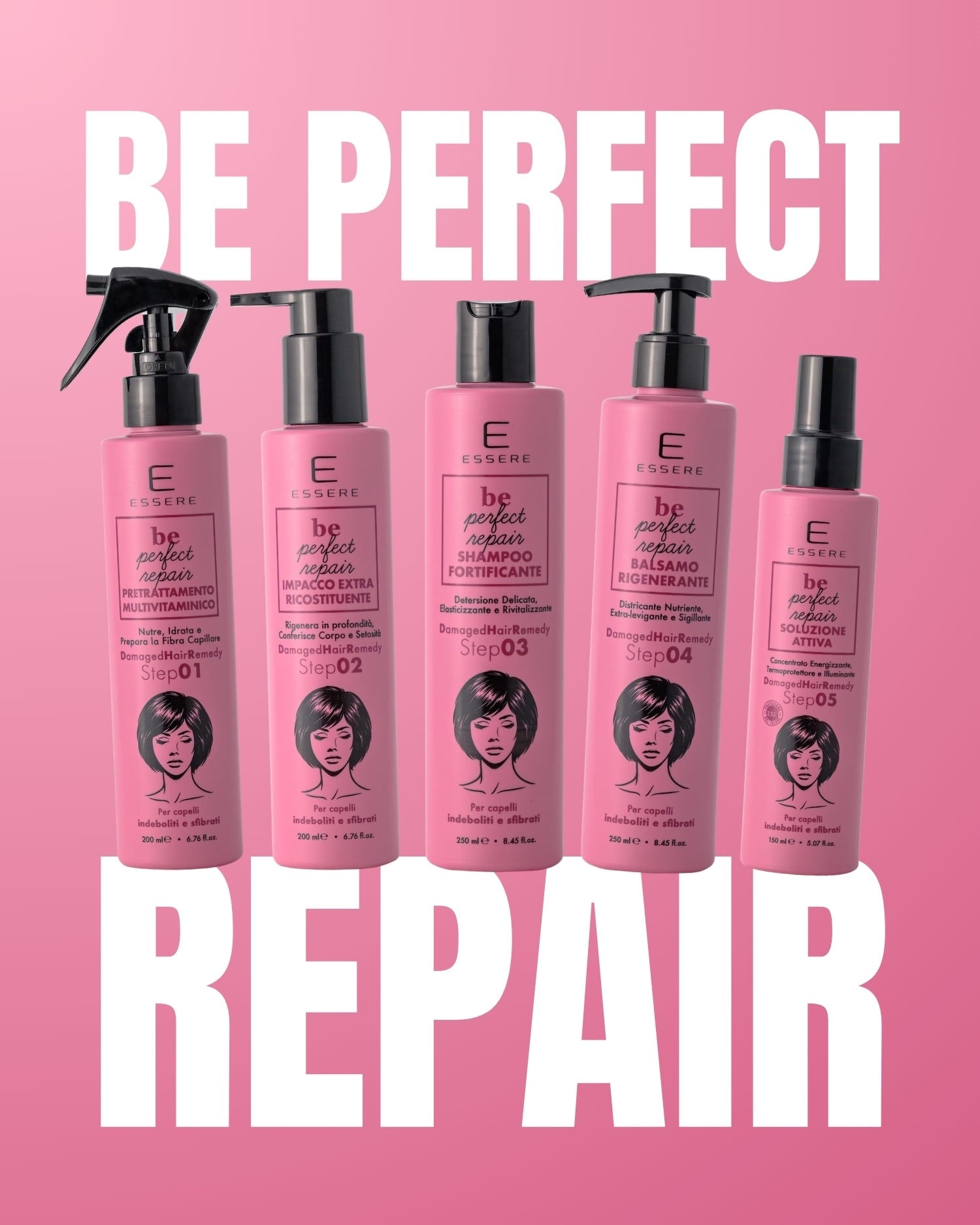Kit Be Perfect Repair Essere Bio: i cinque prodotti in flacone rosa per la cura dei capelli danneggiati