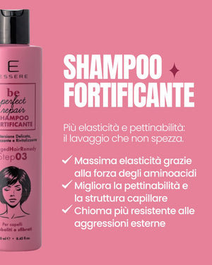 Step 3 of the Essere Bio Be Perfect Repair Kit: Strengthening Shampoo that cleanses without breaking hair