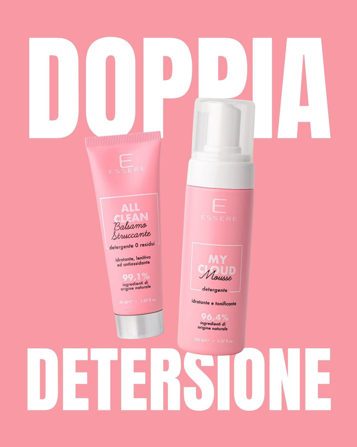 Kit Doppia Detersione Essere Bio: All Clean balsamo struccante e My Cloud mousse detergente per una pulizia profonda