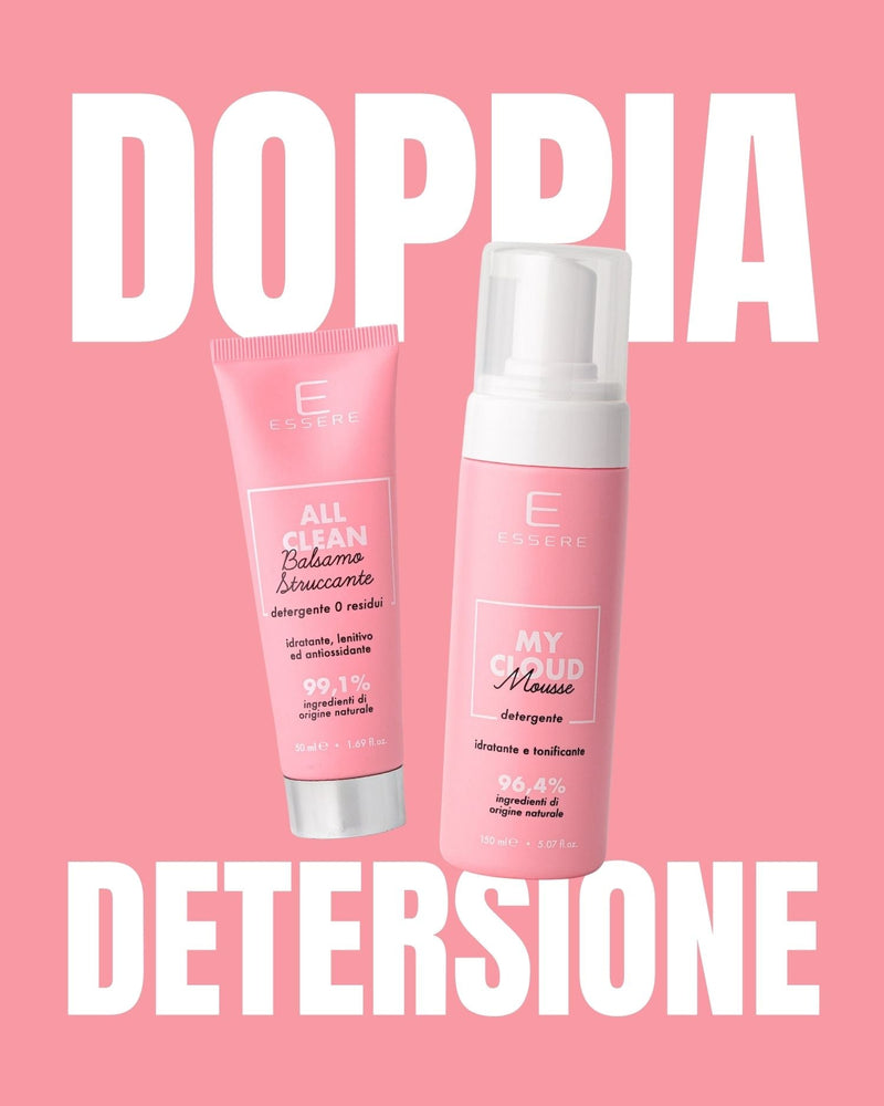 Kit Doppia Detersione Essere Bio: All Clean balsamo struccante e My Cloud mousse detergente per una pulizia profonda