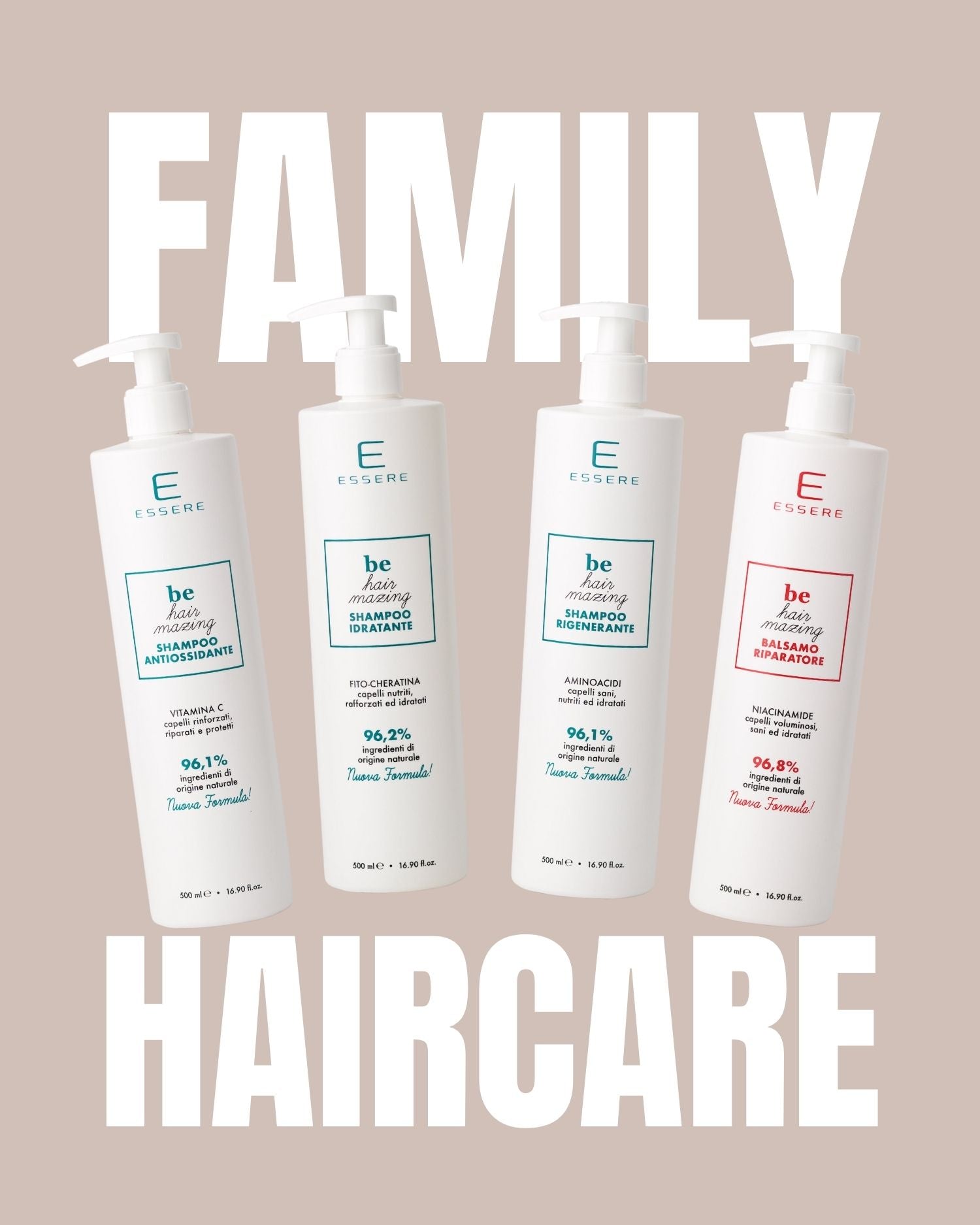 Kit Family Haircare Essere Bio: i quattro prodotti Be Hair Mazing da 500 ml per la cura capelli di tutta la famiglia