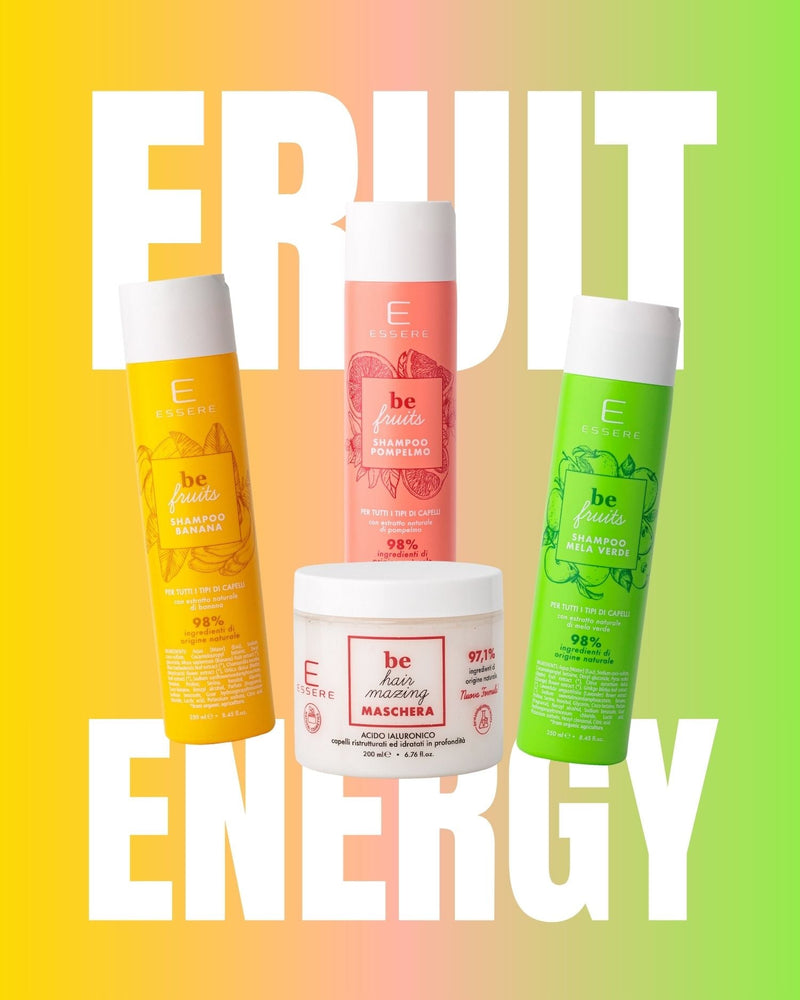Kit Fruit Energy Essere Bio: shampoo Be Fruit Banana, Pompelmo e Mela Verde con maschera capelli, 98% naturale