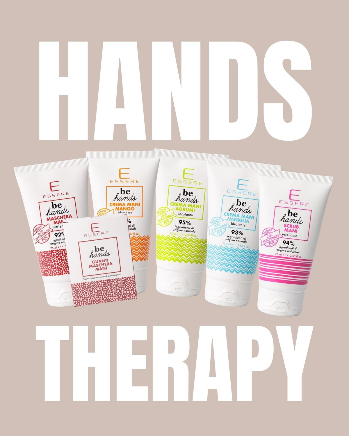 Essere Bio Hands Therapy Kit: the Be Hands line with hand creams, scrub, mask and cotton gloves for dry hands