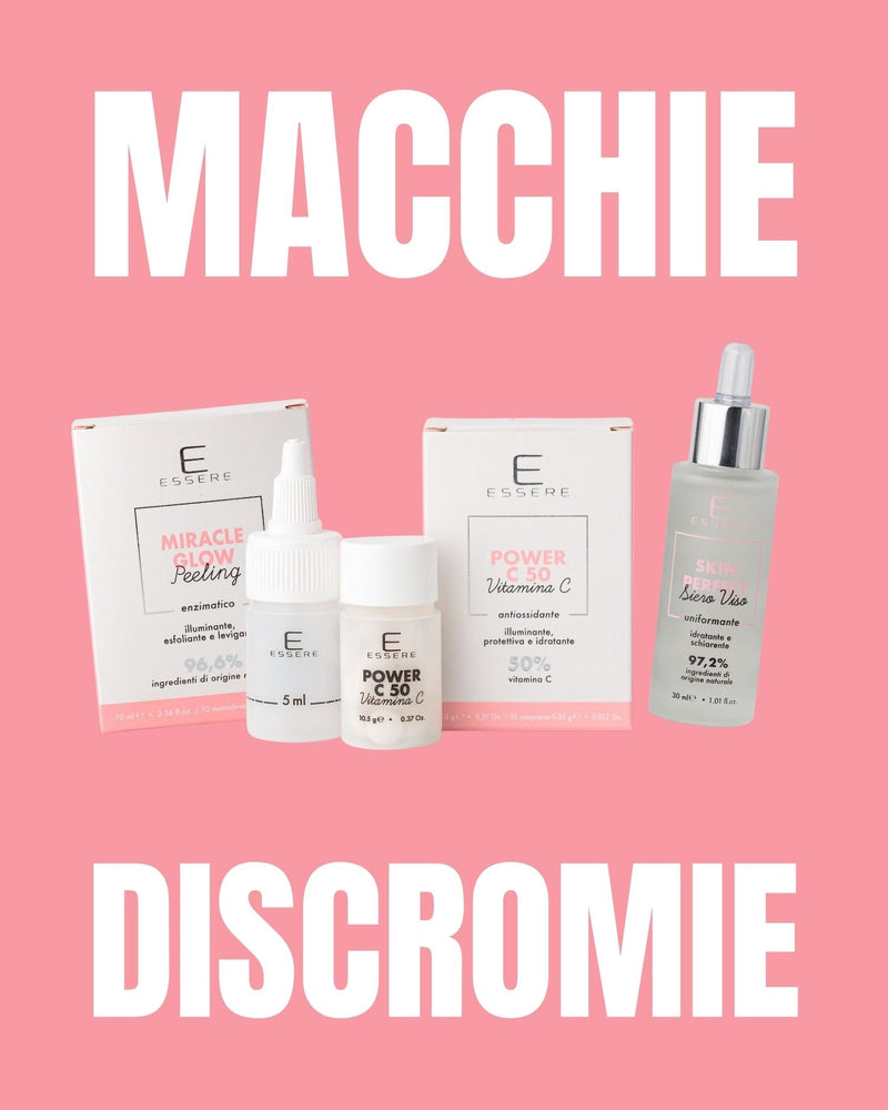 Kit Macchie e Discromie Essere Bio: Miracle Glow peeling, Power C50 e Skin Perfect siero contro le discromie