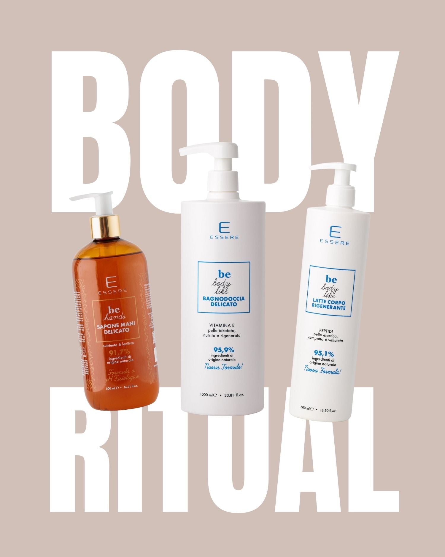 Kit New Body Ritual Essere Bio: Sapone Mani, Bagnodoccia Vitamina E e Latte Corpo per un rituale corpo completo