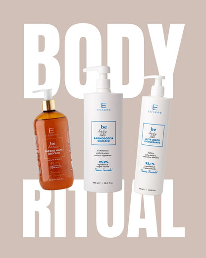Kit New Body Ritual Essere Bio: Sapone Mani, Bagnodoccia Vitamina E e Latte Corpo per un rituale corpo completo