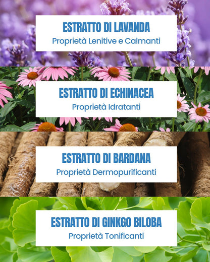 Attivi del Latte Corpo Essere Bio: lavanda calmante, echinacea idratante, bardana dermopurificante e ginkgo biloba