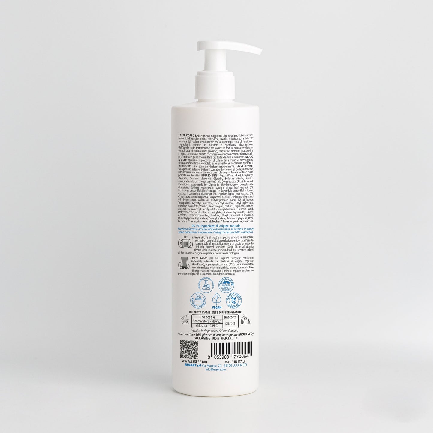 Retro del Latte Corpo Rigenerante Peptidi Essere Bio 500 ml con INCI e ingredienti di origine naturale, Be Body Like