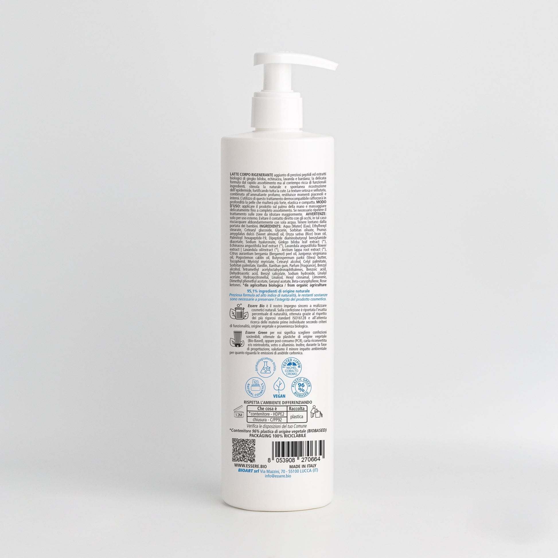 Retro del Latte Corpo Rigenerante Peptidi Essere Bio 500 ml con INCI e ingredienti di origine naturale, Be Body Like